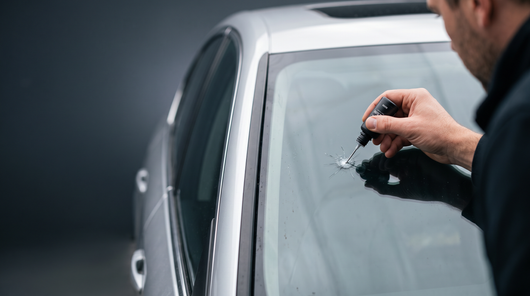 Applying Voptenix GlassFix resin to a stone chip on a car windshield