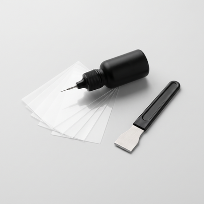 Voptenix GlassFix windshield repair kit: resin applicator, curing films and razor blade