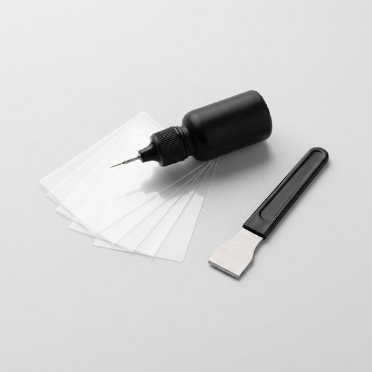 Voptenix GlassFix windshield repair kit: resin applicator, curing films and razor blade